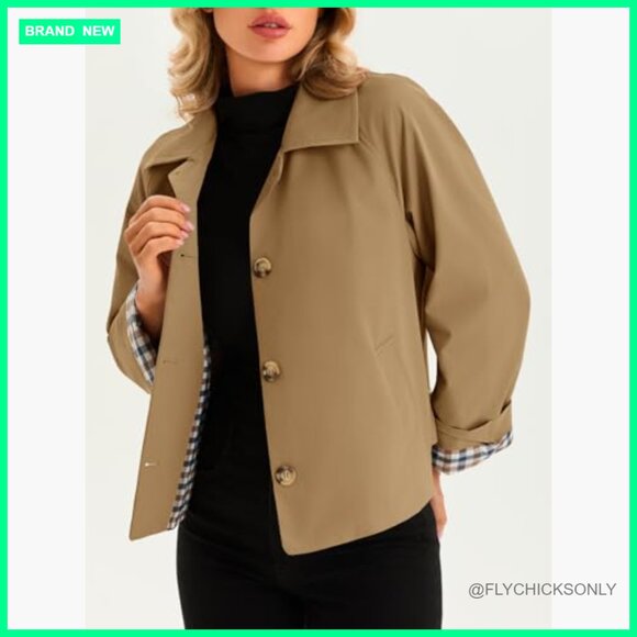 Cropped Trench Coat Lightweight Single Breasted Jacket Fall Outerwear - Picture 5 of 7